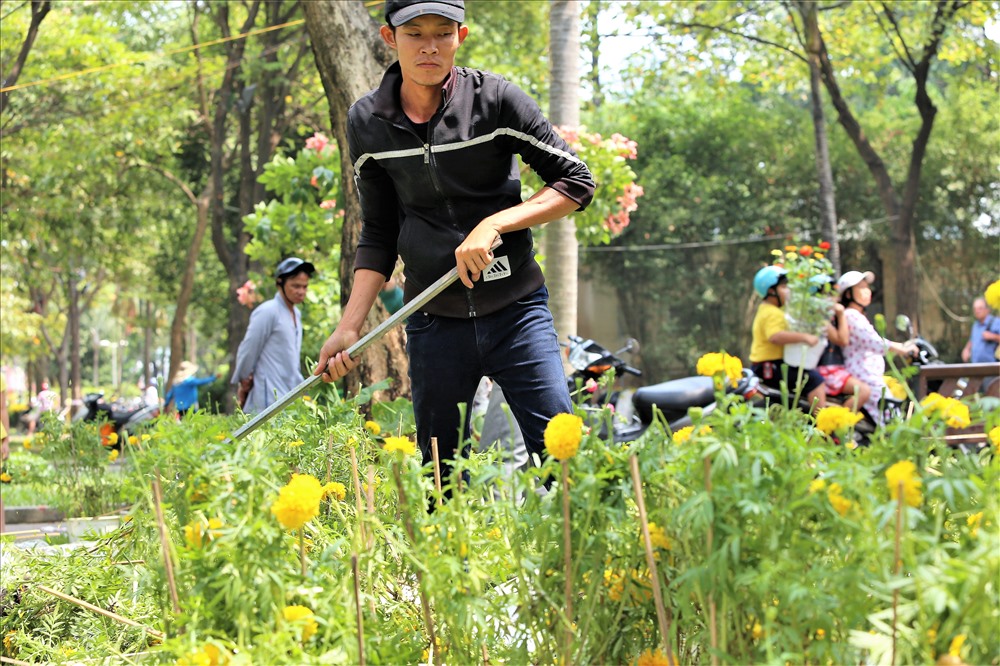 Tâm sự với phóng viên sau khi cùng bạn đập bỏ những chậu hoa của mình, anh Tung nói rằng anh mang hoa xuống bán chỉ được khoảng 1 nửa, nhưng do người dân cứ chờ đến những giây phút cuối cùng để đợi bán rẻ nên anh và bạn mới chủ động đập bỏ. Ảnh: Trường Sơn