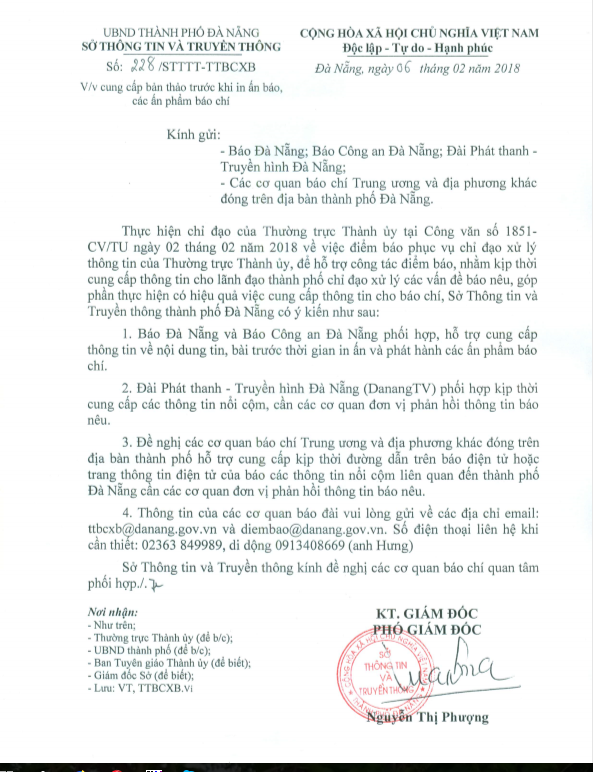 Toàn văn công văn của Sở Thông tin truyền thông Đà Nẵng