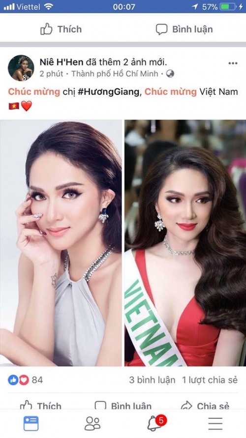Hoa hậu H'Hen Niê lập tức gửi lời chúc tới Hương Giang.