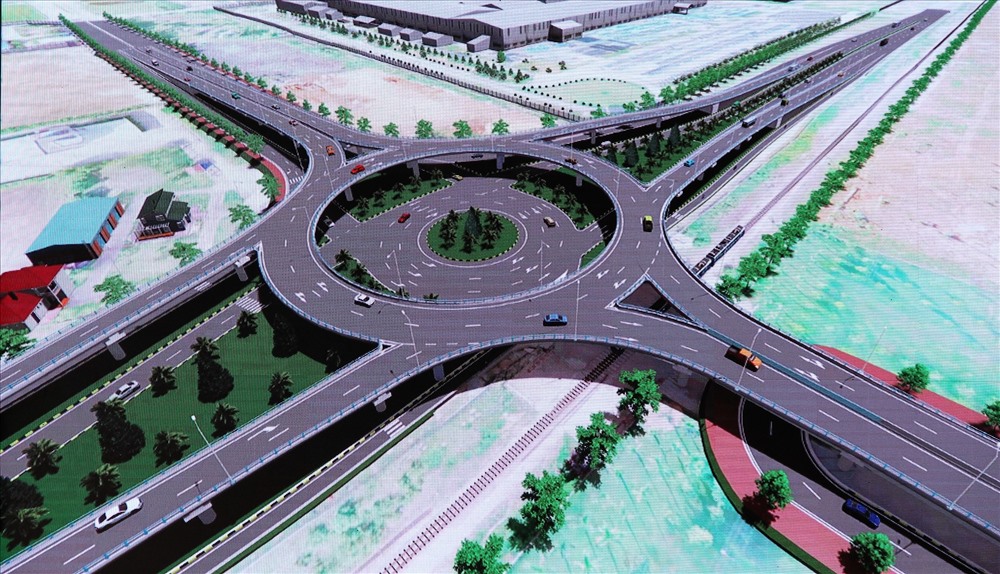 Phối cảnh dự án Nút giao thông vòng xuyến 2 tầng giữa Quốc lộ 1A và đường sắt Bắc - Nam với đường trục chính từ cảng Chu Lai đến đường cao tốc Đà Nẵng - Quảng Ngãi. Ảnh: Thaco