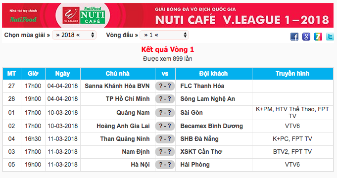 Lịch thi đấu vòng V.League 2018.