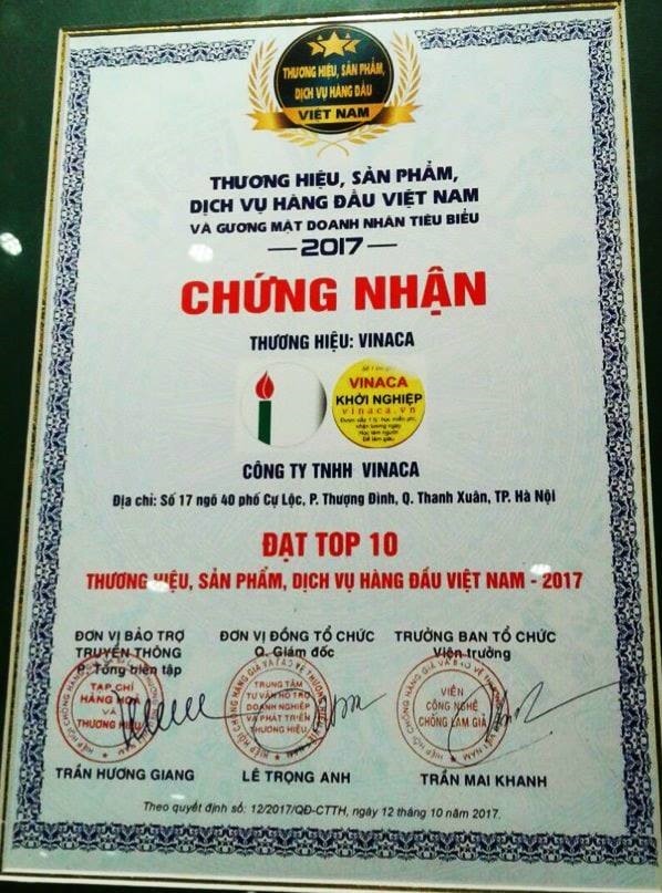 Chứng nhận Công ty TNHH Vinaca Top 10 thương hiệu hàng đầu Việt Nam năm 2017.