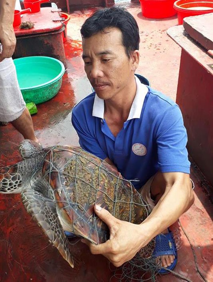 Anh Hùng bắt được rùa biển quý hiếm khi đang đi tàu trên biển. Ảnh: NVCC