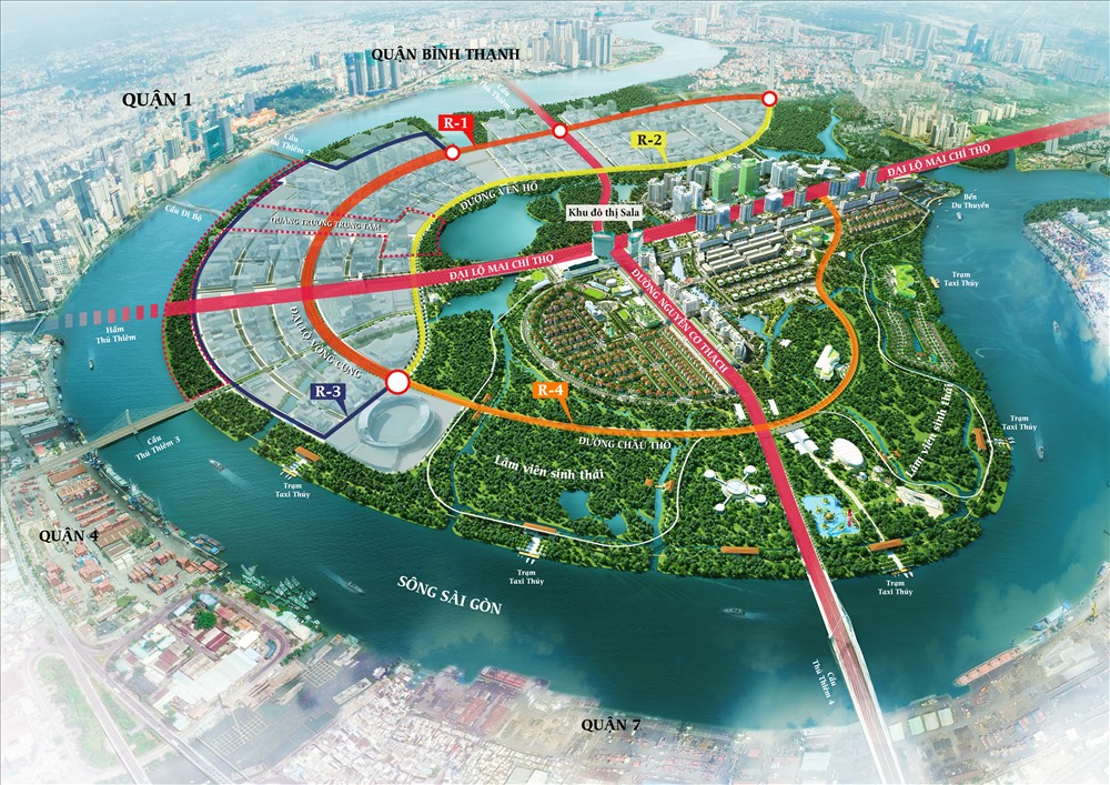 Công ty Cổ phần Đầu tư địa ốc Đại Quang Minh được giao xây dựng 4 tuyến đường tại Khu đô thị mới Thủ Thiêm, có tổng chiều dài 11,9 km, mức đầu tư 12.182 tỉ đồng. Các tuyến đường này đặt ký hiệu R1 (Đại lộ vòng Cung), R2 (Đường ven hồ trung tâm), R3 (Đường ven sông Sài Gòn), R4 (Đường vùng châu thổ, đường châu thổ, đường ven sông - khu dân cư).