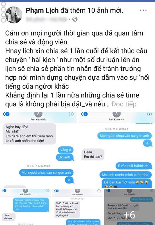 Phạm Lịch chia sẻ tin nhắn trên trang cá nhân