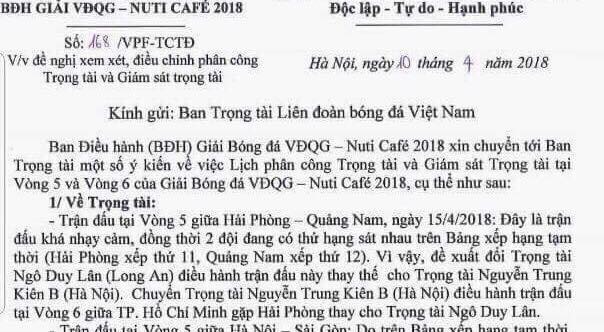 Văn bản VPF gửi sang Ban trọng tài VFF đề xuất điều chỉnh việc phân công trọng tài, giám sát và được Bán trọng tài VFF đồng ý thay đổi.