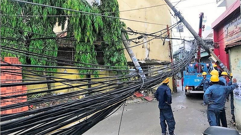 Cột điện bị kéo sập do bị cây xà cừ ngã đè. Ảnh: T.S