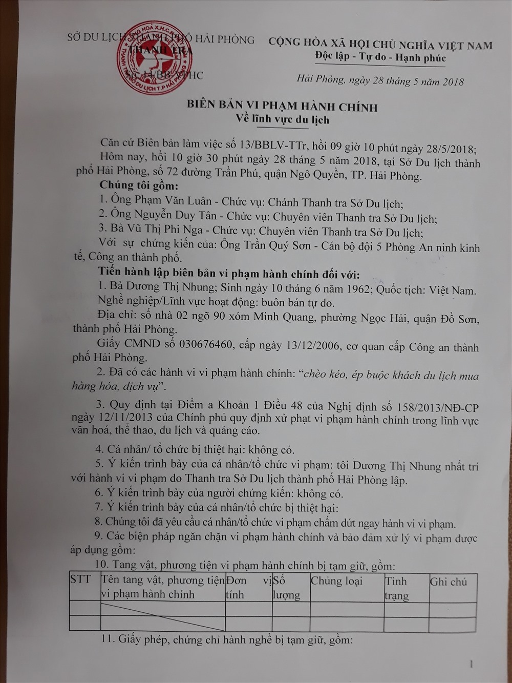 Sở Du lịch Hải Phòng đã lập biên bản vi phạm hành chính với bà Nhung. Ảnh: TN