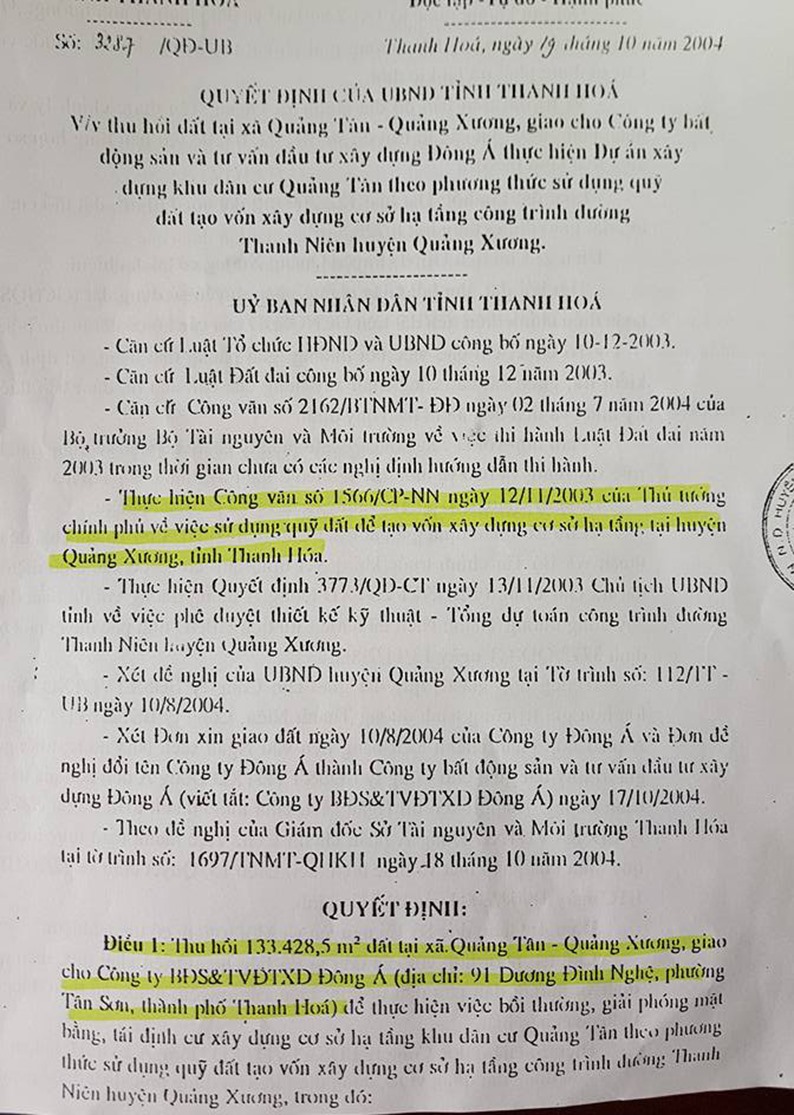 Thủ tướng Chính phủ cho phép thu hồi đất ở xã Quảng Tâm nhưng UBND tỉnh Thanh Hoá lại ra quyết định thu hồi ở xã Quảng Tân.Ảnh: X.H
