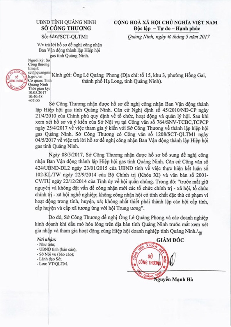 Văn bản Sở Công thương Quảng Ninh từ chối công nhận Hiệp hội Gas Quảng Ninh. 