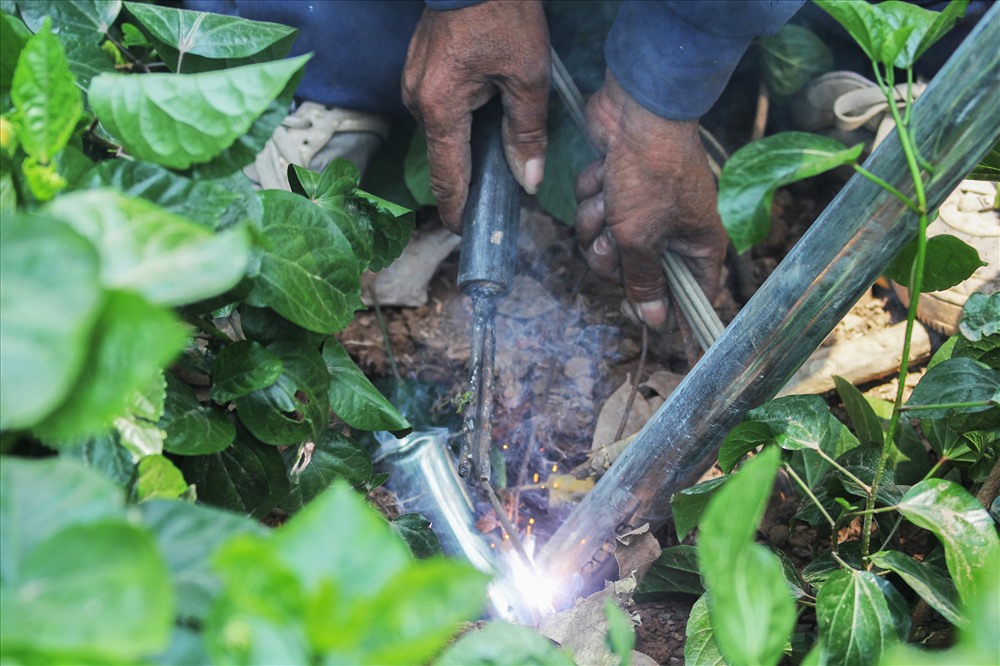 Công nhân hàn gia cố phần chân trụ đỡ, giúp chúng đứng vững hơn trong mùa mưa bão.