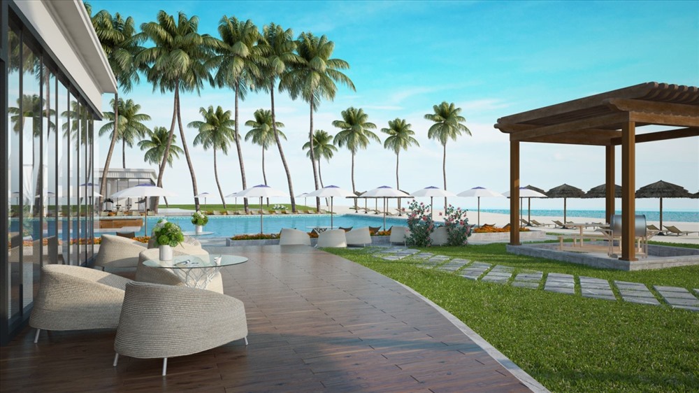Không gian nghỉ dưỡng hướng biển đậm sắc màu nhiệt đới, các mỹ nhân có thể bơi, uống trà ngắm hoàng hôn hoặc bình minh trên biển từ góc này