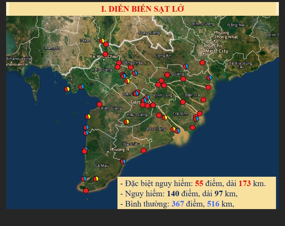 Bản đồ khu vực sạt lở nguy hiểm ở ĐBSCL. Ảnh: Kh.V