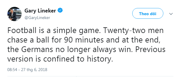 Gary Lineker sửa lại phát ngôn kinh điển ngày nào về sức mạnh Đức, sau thất bại 0-2 của thầy trò HLV Jaochim Low trước Hàn Quốc.