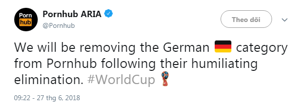 Trang phim người lớn PornHub cũng có trò troll rất ác với thất bại của ĐT Đức.