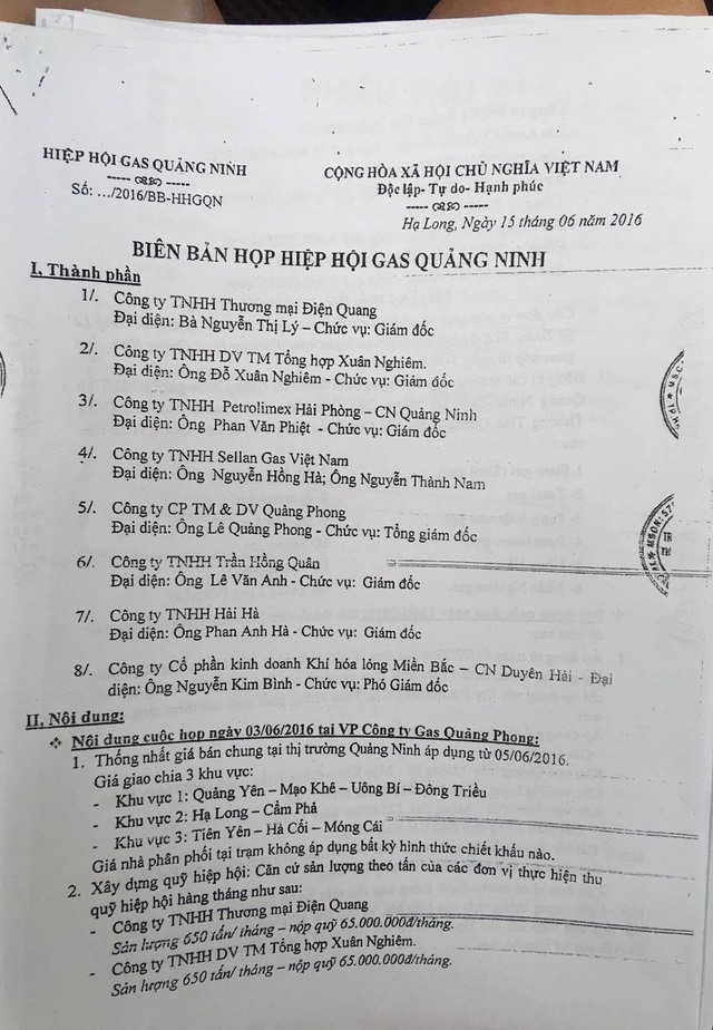 Một biên bản họp của “Hiệp hội gas Quảng Ninh”