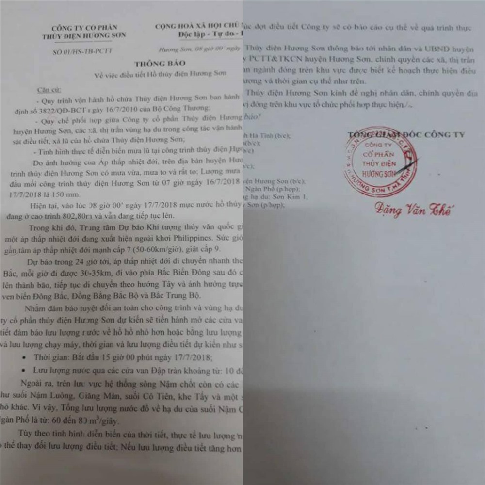 Thủy điện Hương Sơn (Hà Tĩnh) thông báo dự kiến bắt đầu xả lũ từ 15h hôm nay