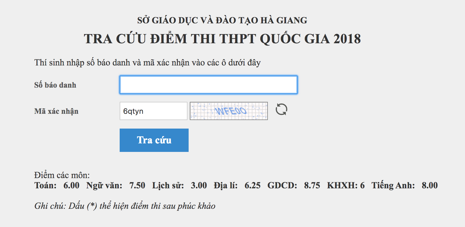 Điểm thi của thí sinh 050002xx