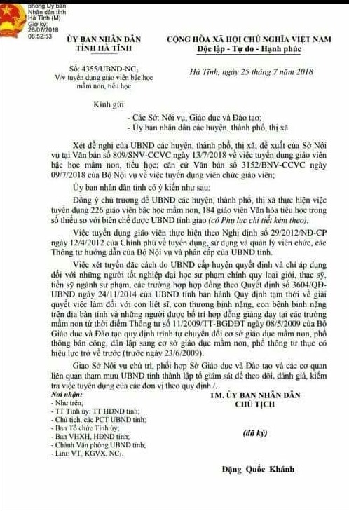 nội dung công văn của UBND tỉnh Hà Tĩnh ban hành