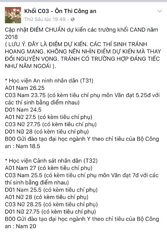 Điểm chuẩn dự kiến được lan truyền trên mạng xã hội