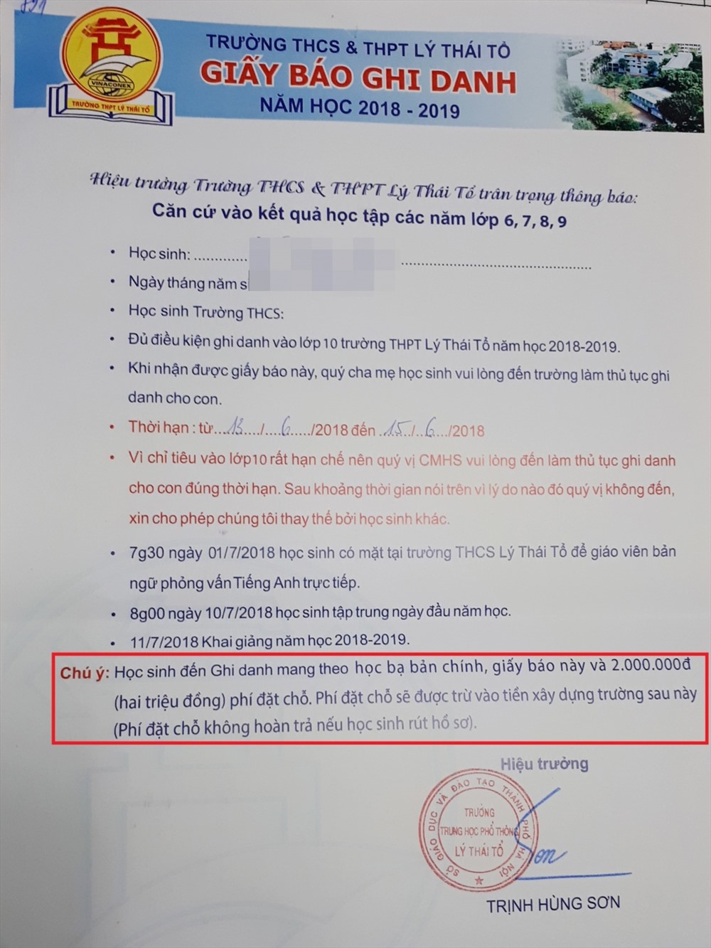 Giấy báo ghi danh năm học 2018 - 2019 của Trường THCS-THPT Lý Thái Tổ. Ảnh: Theo Vietnammoi