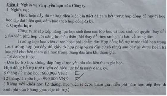 Những điều khoản mà người học được hưởng theo bản hợp đồng.