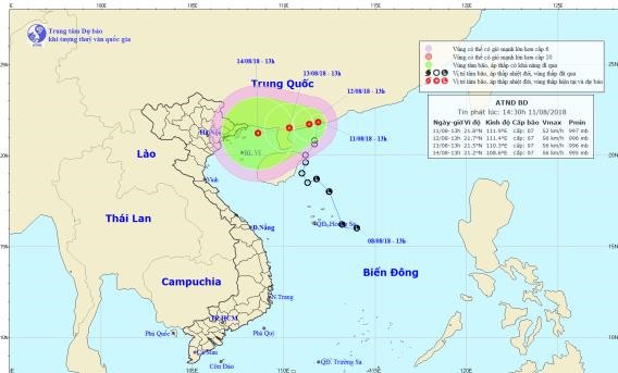 Đến 13 giờ ngày 12/8, vị trí tâm áp thấp nhiệt đới ở khoảng 21,7 độ Vĩ Bắc; 111,4 độ Kinh Đông, trên bờ biển phía Tây Nam tỉnh Quảng Đông (Trung Quốc). Sức gió mạnh nhất vùng gần tâm áp thấp nhiệt đới mạnh cấp 7 (50-60km/giờ), giật cấp 9. Phạm vi gió mạnh cấp 6, giật cấp 8 trở lên khoảng 70km tính từ vùng tâm áp thấp nhiệt đới.