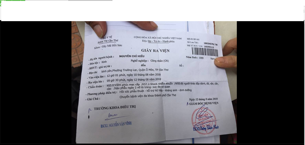 Giấy ra viện của BV Đa khoa Trung Ương Cần Thơ. ảnh: PV