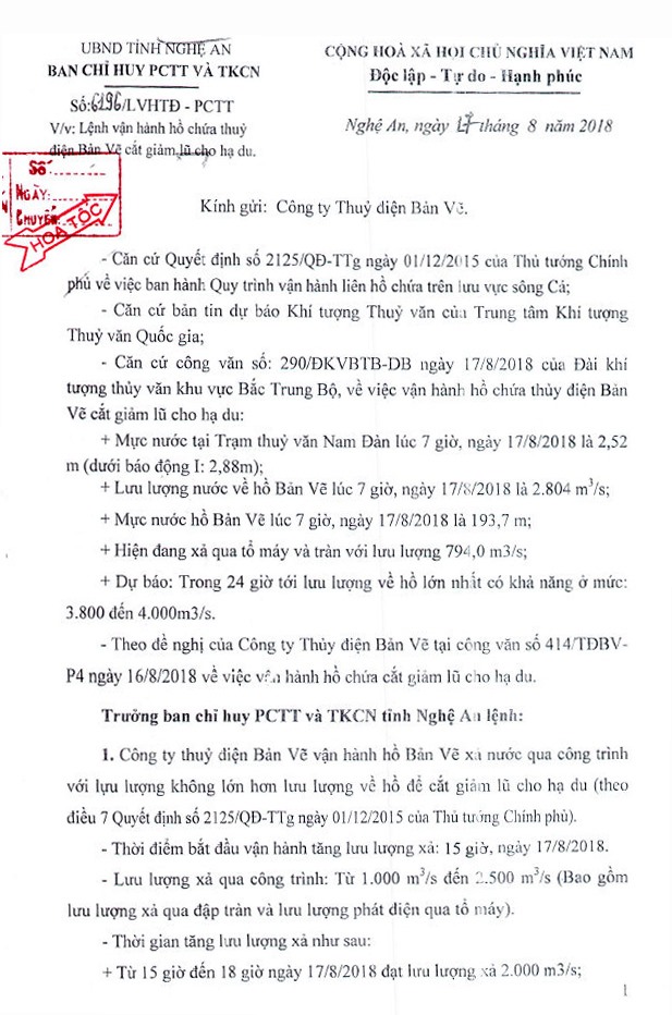 Lệnh vận hành hồ chứa thủy điện bản Vẽ cắt giảm lũ vùng hạ du từ 15h00 hôm nay