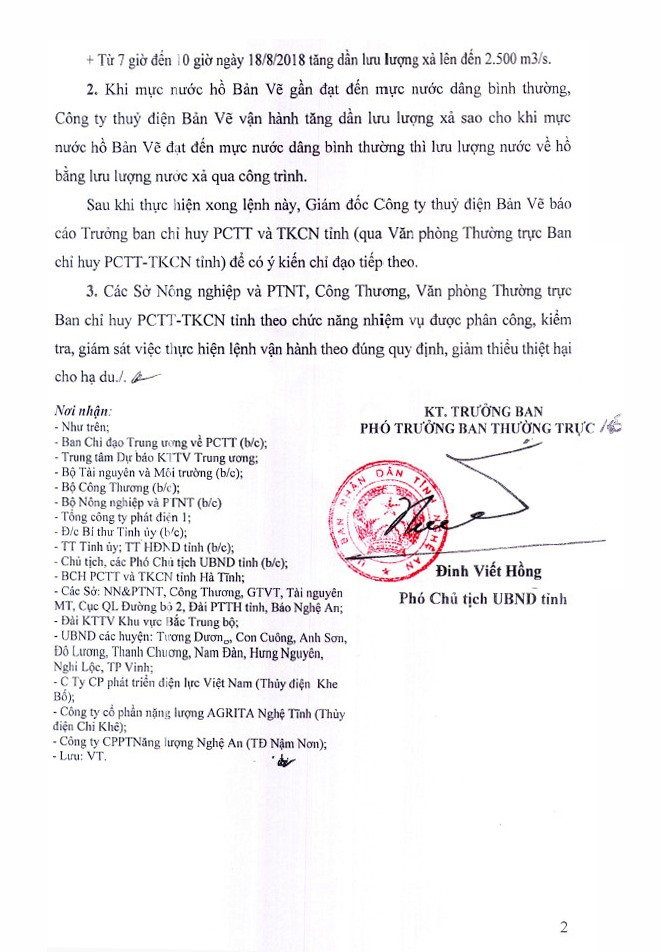 Lệnh vận hành hồ chứa thủy điện bản Vẽ cắt giảm lũ vùng hạ du từ 15h00 hôm nay