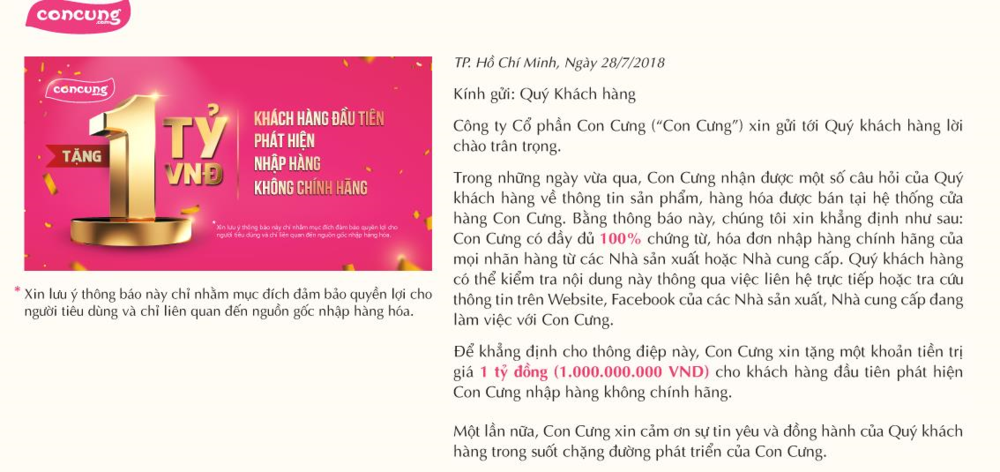 Thông báo treo thưởng 1 tỉ tren web Con Cưng đã biến mất
