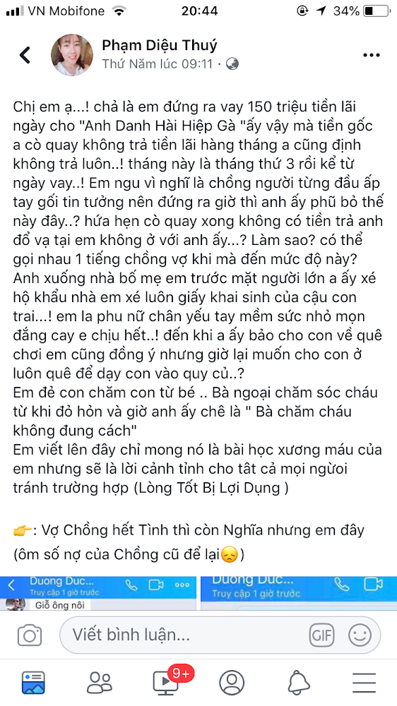 Dòng trạng thái vợ Hiệp Gà chia sẻ trên trang cá nhân.