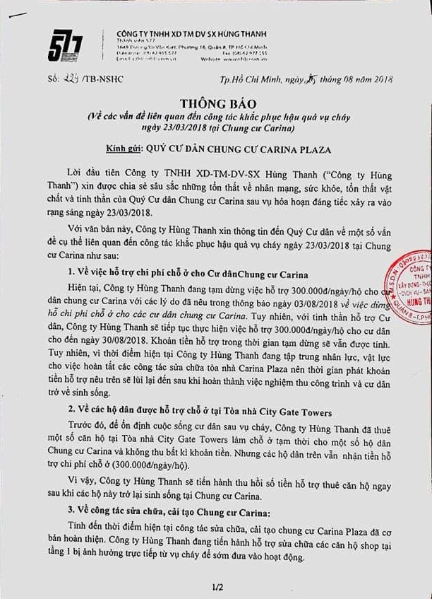 Thông báo thực hiện việc hỗ trợ người dân chung cư Carina của Công ty Hùng Thanh