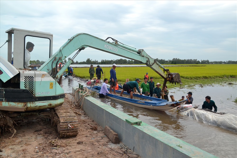 Tại các đoạn đê nguy cơ cao, ngoài lực lượng con người, còn có sự hỗ trợ của cơ giới. Ảnh: Lục Tùng