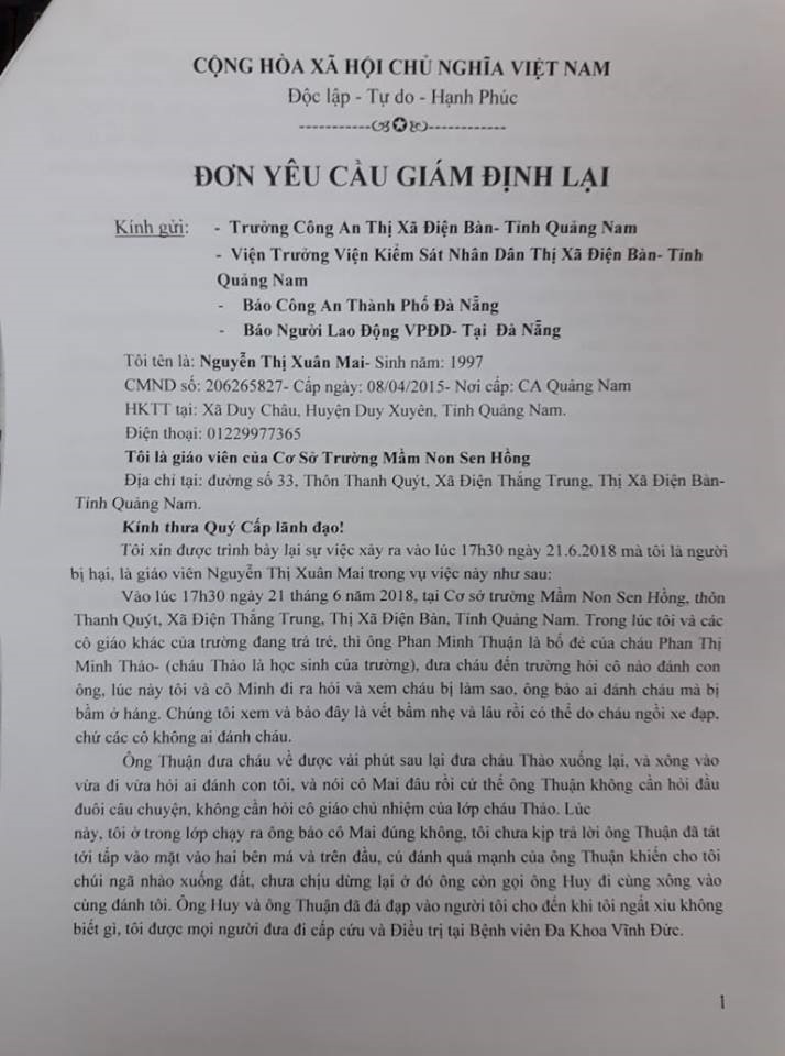 Đơn yêu cầu giám định của cô Mai.