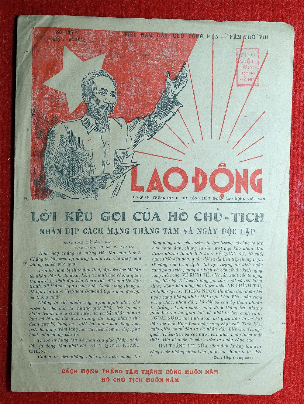 Báo Lao Động số 186 ra ngày 1.9.1952. Ảnh: Tư Liệu