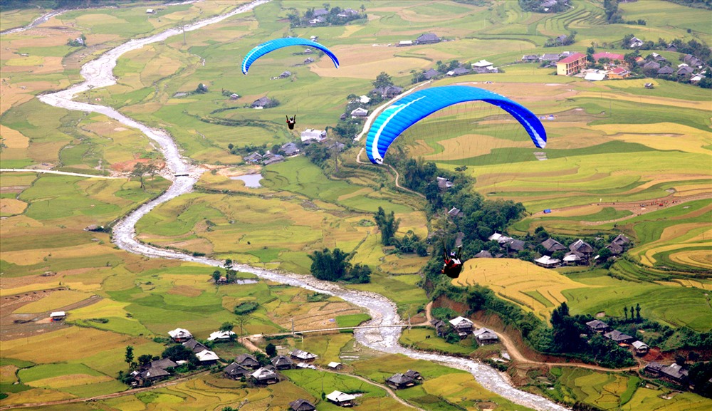 Dù lượn trên mùa vàng ở Mù Cang Chải. Ảnh: Thanh Miền