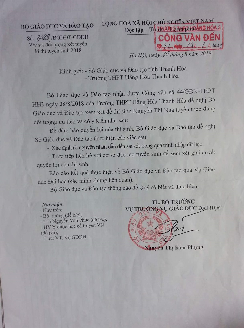 Công văn hướng dẫn của Vụ Giáo dục Đại học, Bộ GDĐT