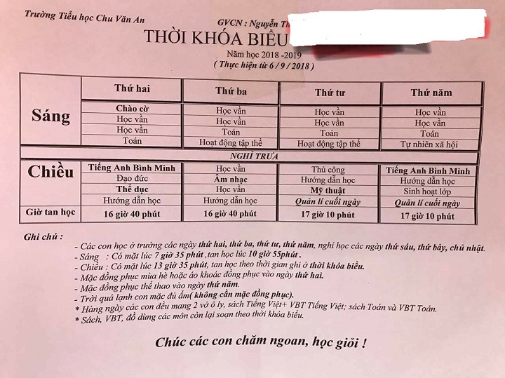 Thời khóa biểu của một học sinh lớp 1 trường tiểu học Chu Văn An, Hoàng Mai, Hà Nội. Ảnh: Phapluat.net