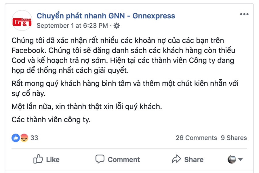 Thông báo trên Facebook của Công ty G.N.N.