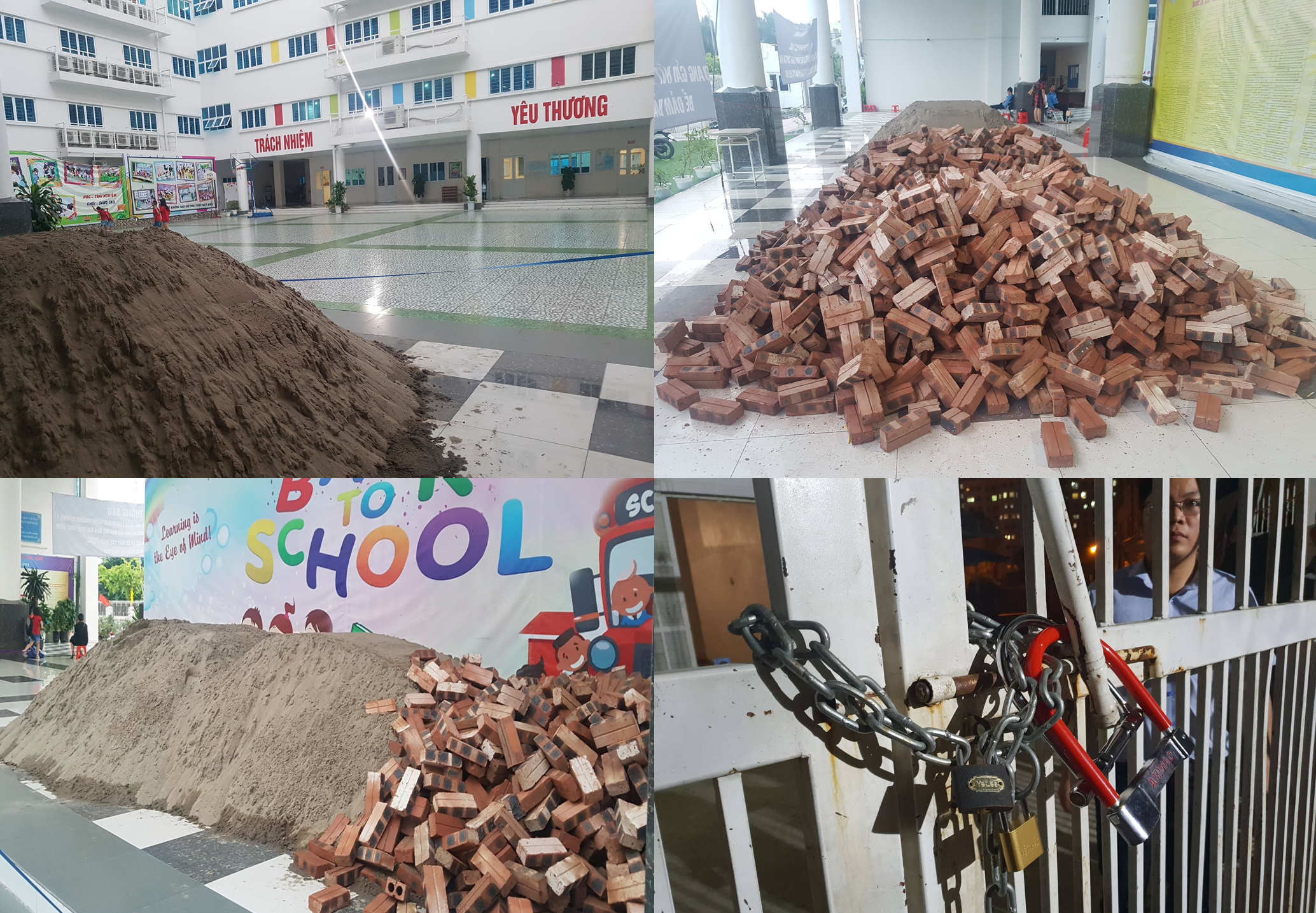 Gạch, cát ngổn ngang sân trường. Ảnh: HN