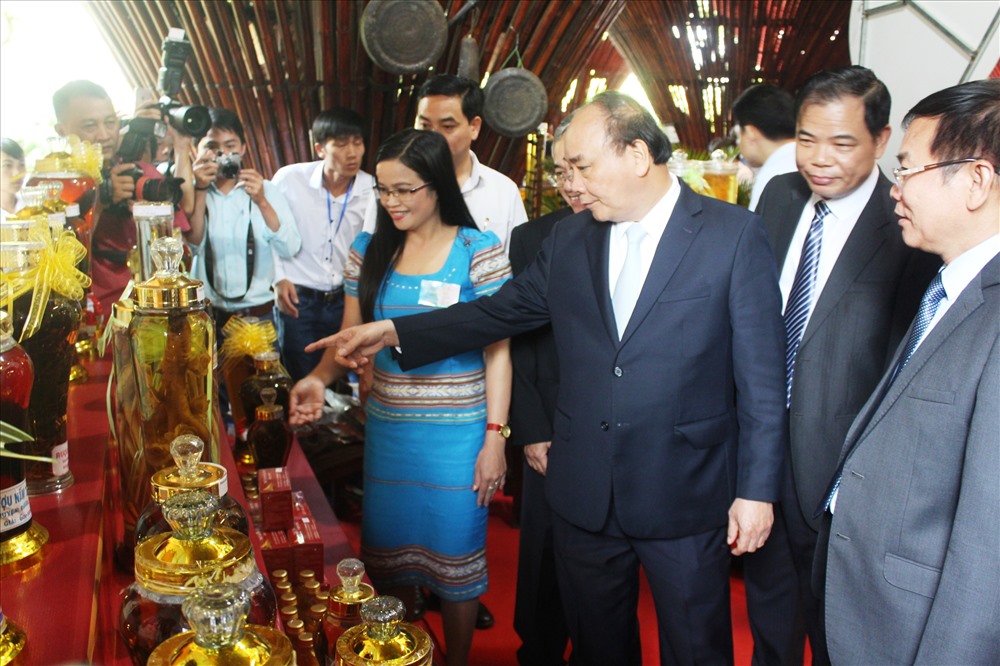 Thủ tướng tham quan những sản phẩm được tinh chế từ sâm Ngọc Linh. Ảnh Đình Văn.
