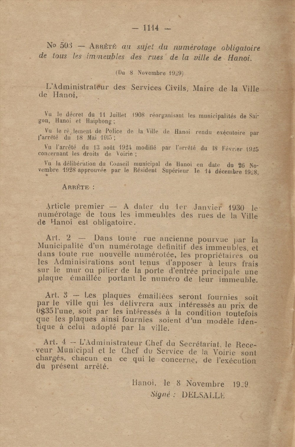 Trang đầu Nghị định số 503 ngày 8.11.1929 của Quan cai trị - Đốc lý Hà Nội về việc bắt buộc đánh số tất cả các ngôi nhà trên các tuyến phố của thành phố Hà Nội.