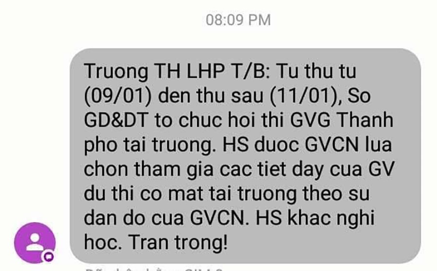 Tin nhắn nhà trường gửi phụ huynh học sinh.