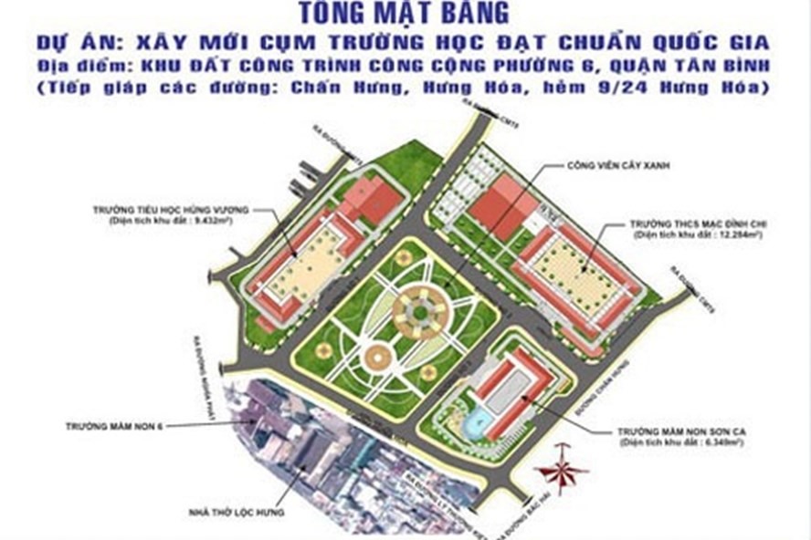 Tổng thể mặt bằng quy hoạch xây dựng cụm trường học đạt chuẩn quốc gia tại vườn rau Lộc Hưng.