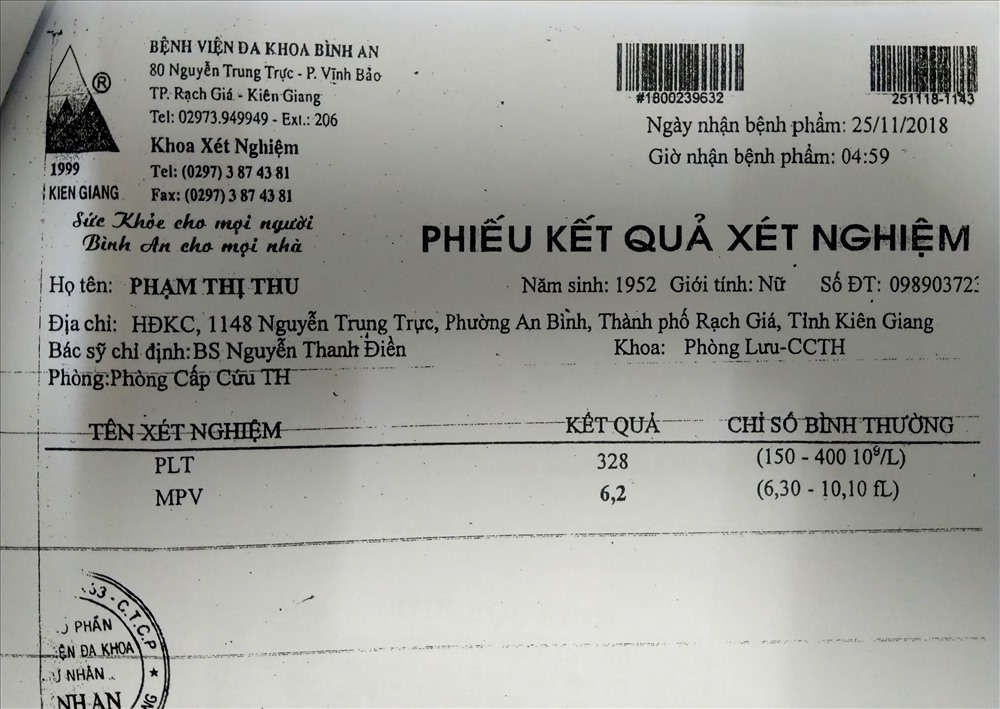 Phiếu Kết quả xét nghiệm của bà Phạm Thị Thu cho thấy các chỉ số bình thường. Ảnh: Khai Tâm