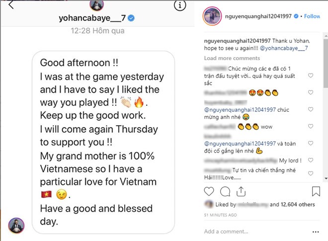 Quang Hải khoe tin nhắn từ Yohan Cabaye trên trang cá nhân.