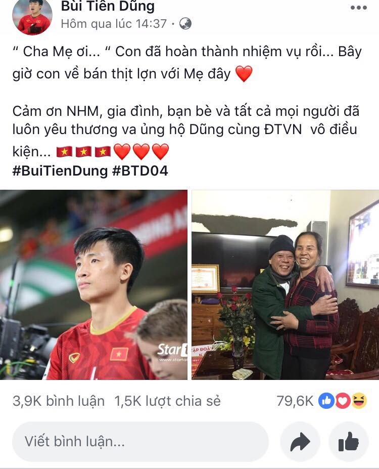 Bùi Tiến Dũng chia sẻ dòng trạng thái trên trang cá nhân.