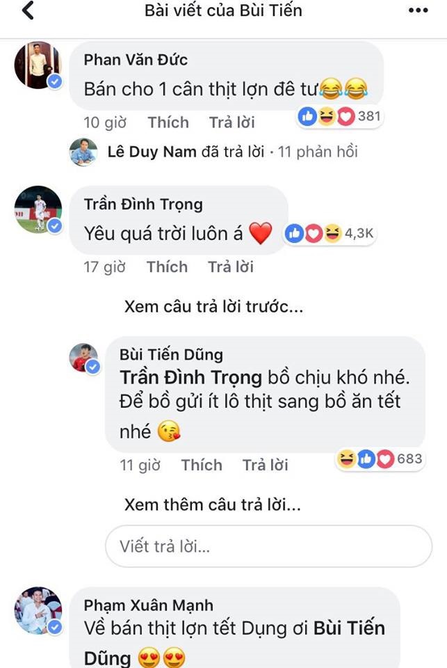 Phan Văn Đức, Trần Đình Trọng để lại những bình luận phía dưới trạng thái của trung vệ Tiến Dũng.
