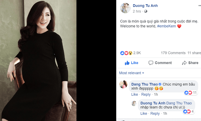 Chia sẻ của Á hậu Tú Anh trên trang cá nhân. Cô tiết lộ, em bé có tên gọi ở nhà là Kem.